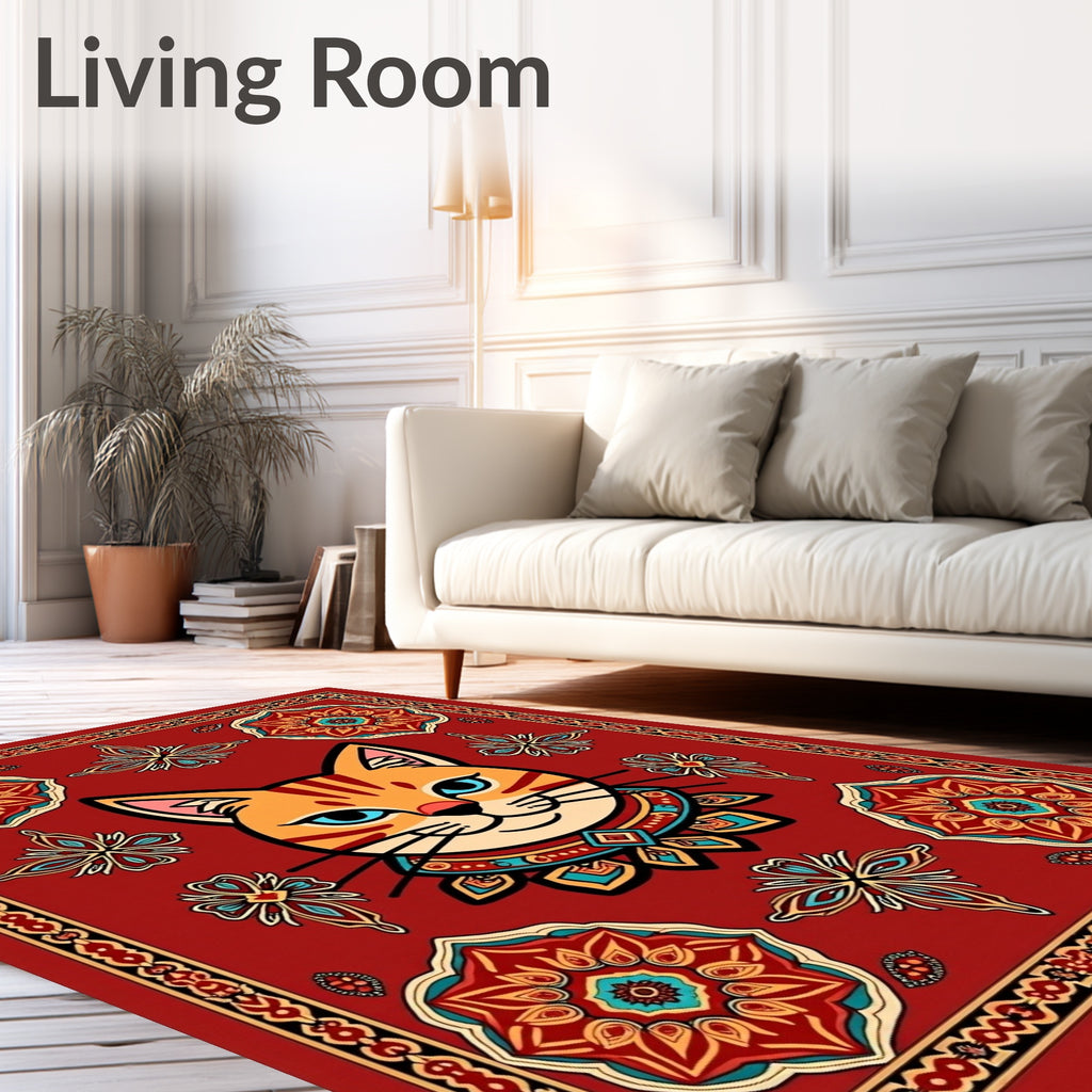 Whimsical Red Cat Medallion Rug