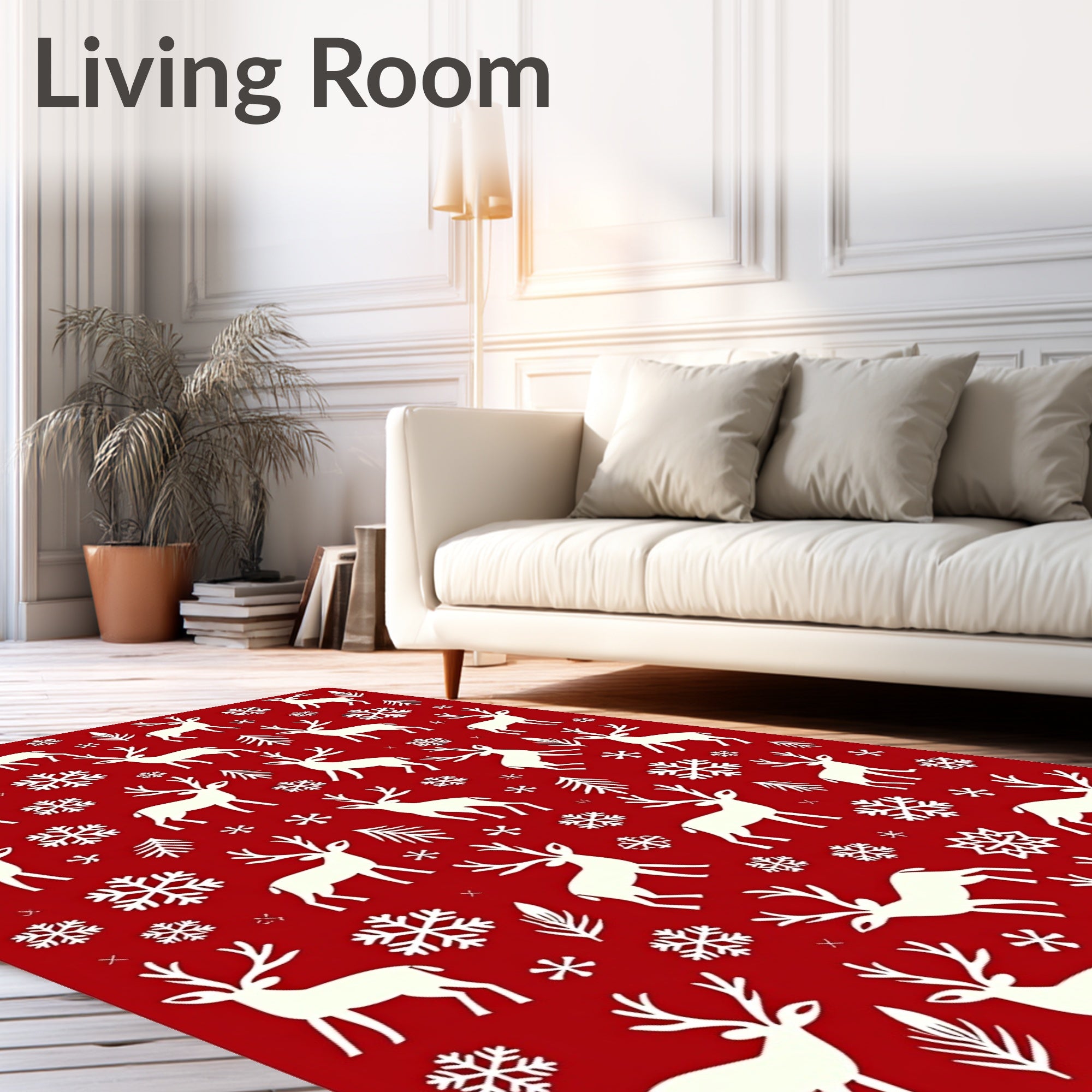 White Reindeer Snowflakes Festive Red Rug