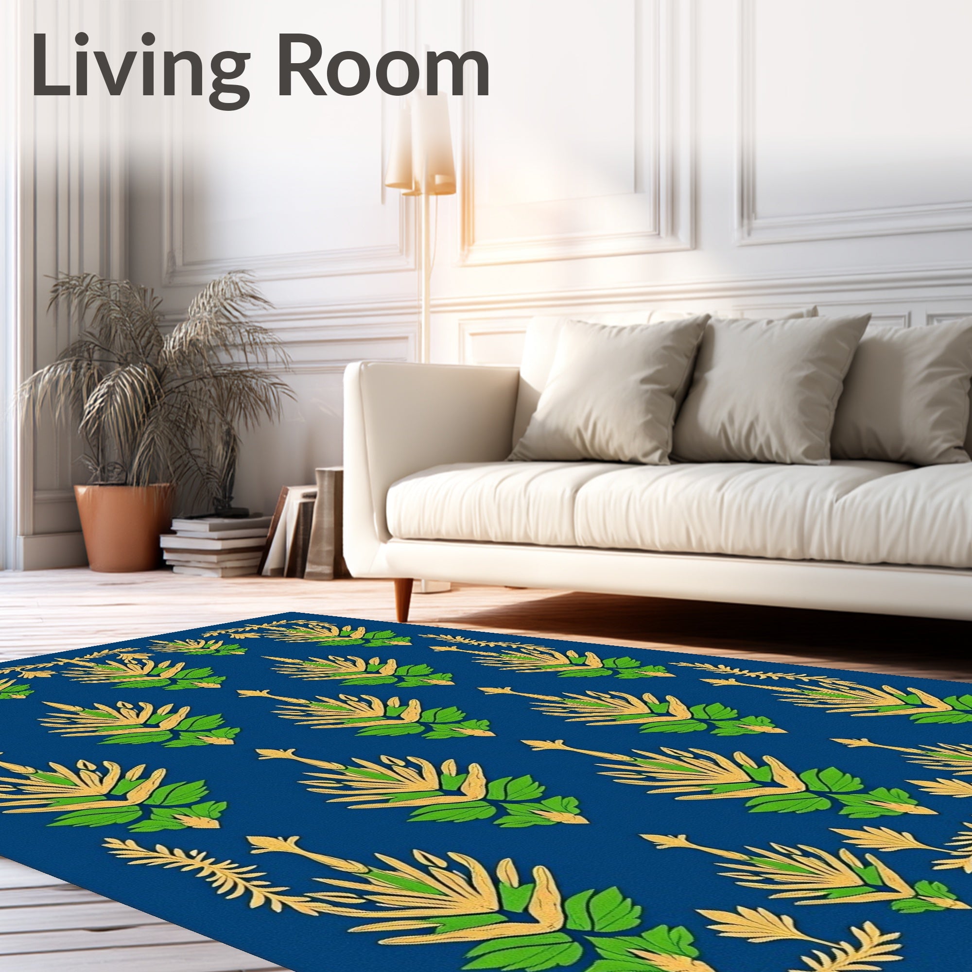 Royal Blue Green Golden Floral Arrangement Rug
