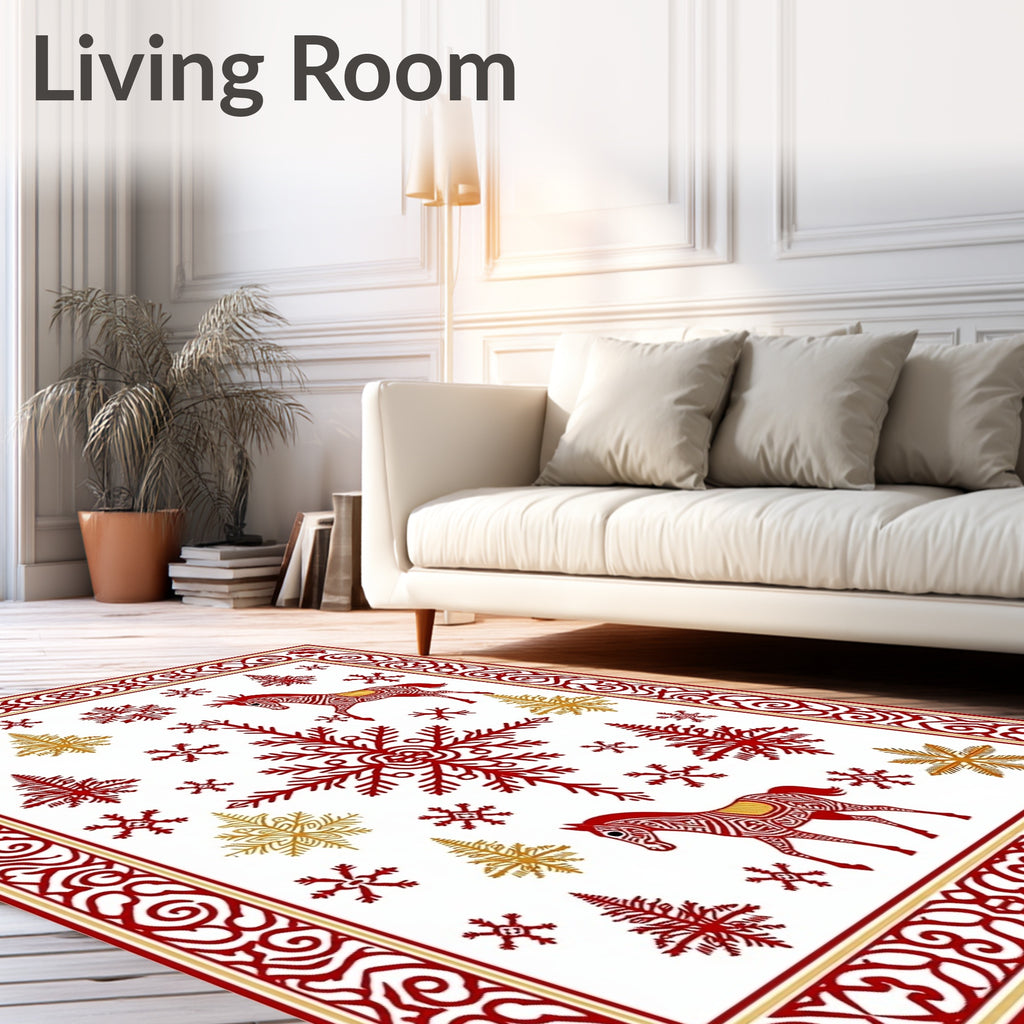 Red Horses Snowflakes Gold Pine Trees Rug