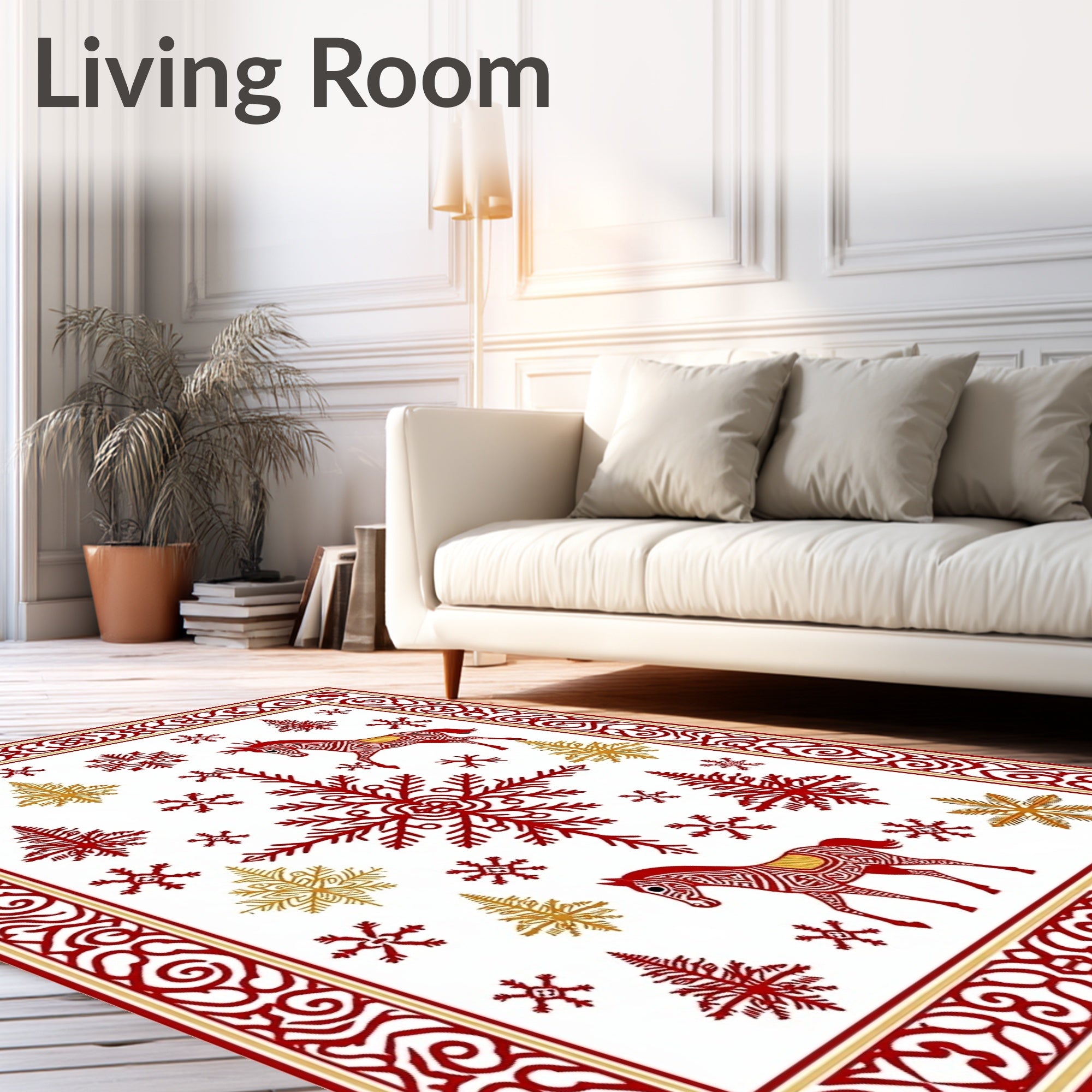 Red Horses Snowflakes Gold Pine Trees Rug