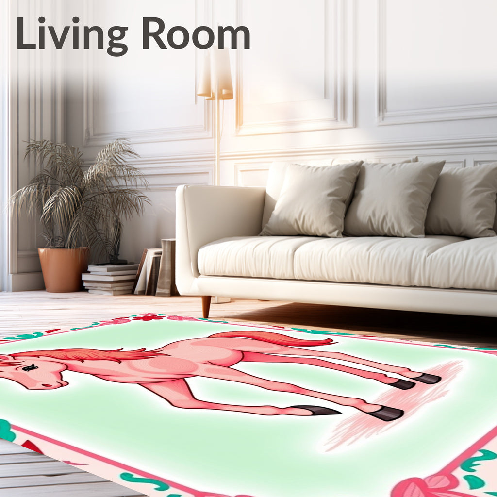 Pink Horse With Floral Border Rug