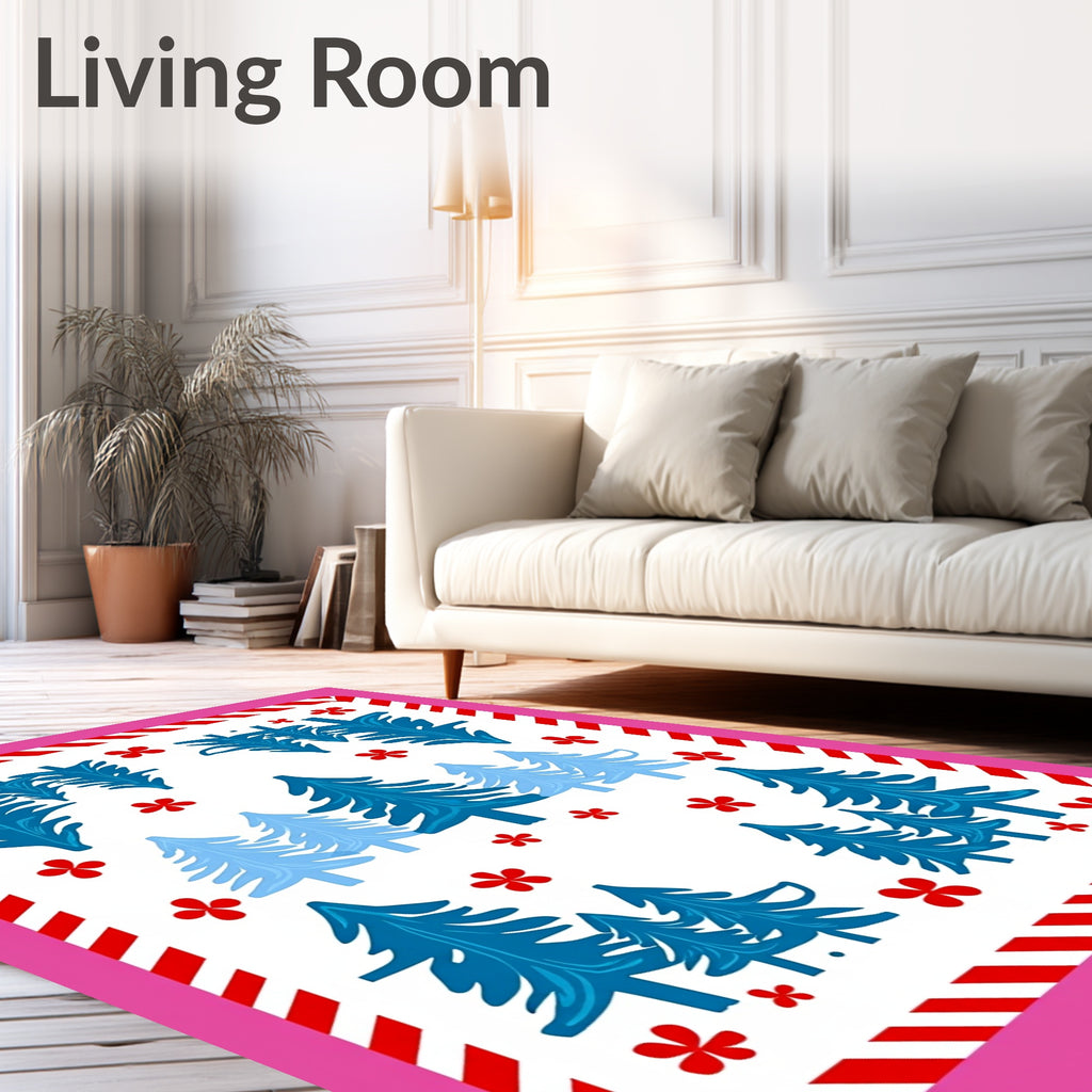 Blue Evergreen Forest with Red Accents Rug