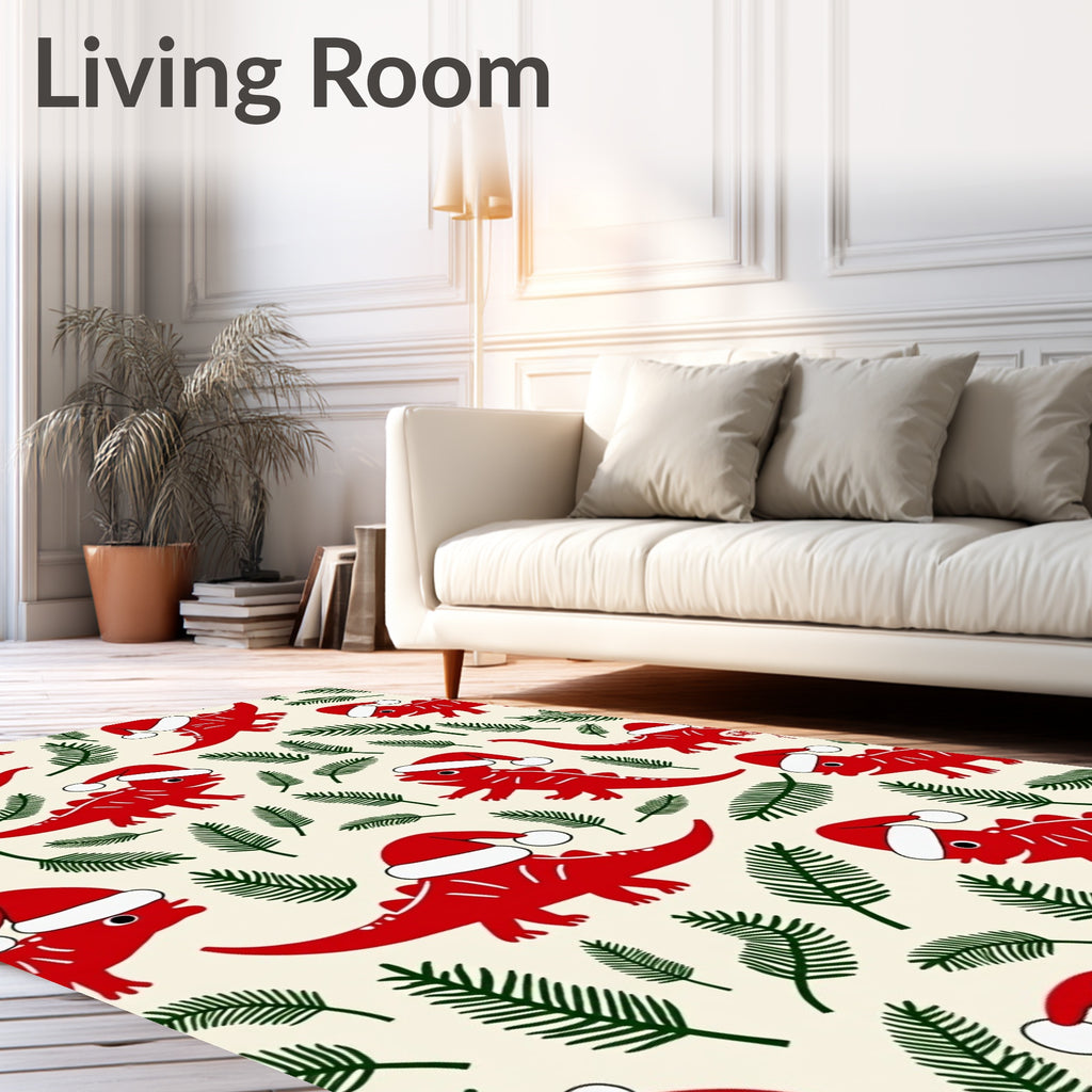 Red Dinosaur Christmas Santa Hats Ferns Rug