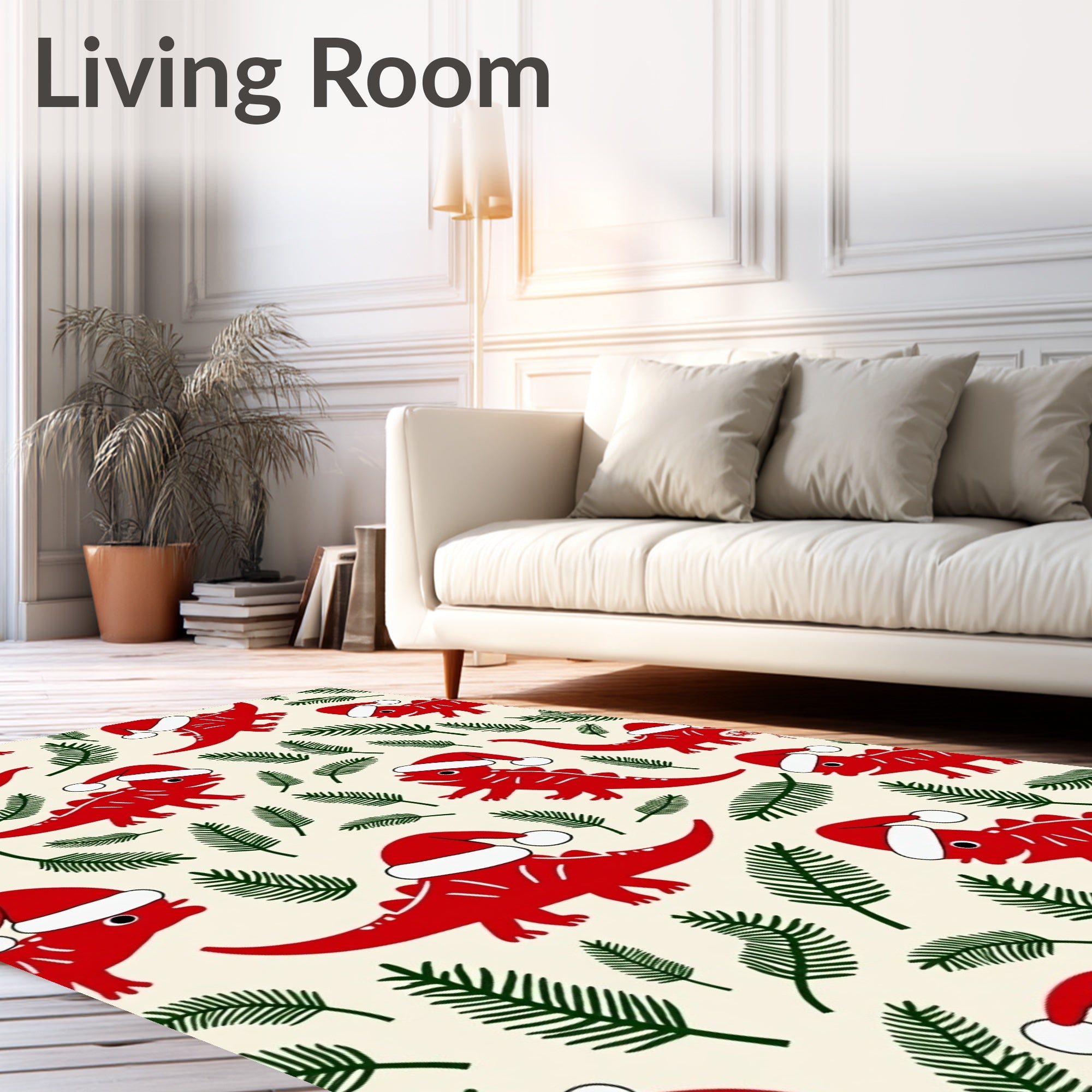 Red Dinosaur Christmas Santa Hats Ferns Rug