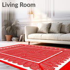 Bold Red Scalloped Border Abstract Rug