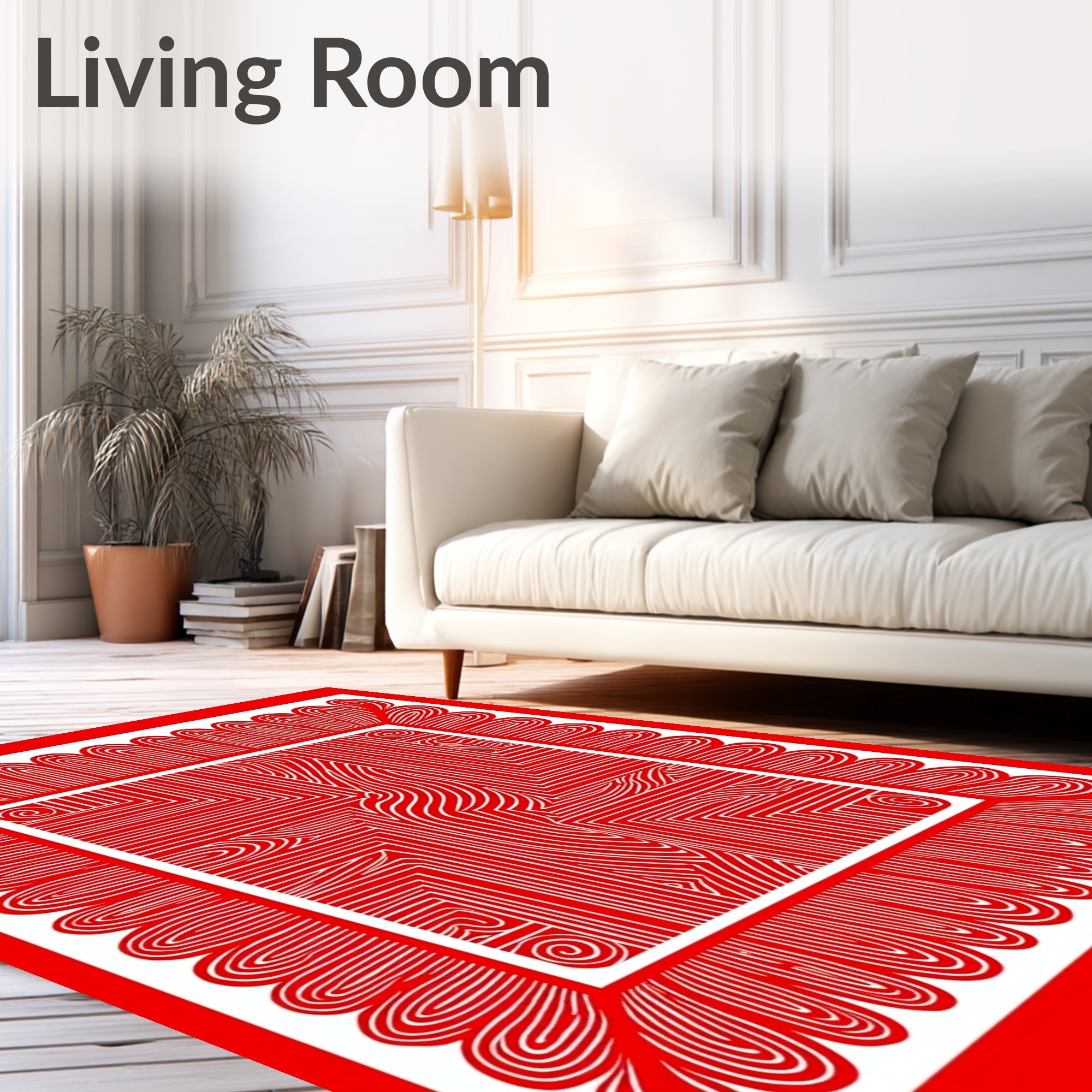 Bold Red Scalloped Border Abstract Rug