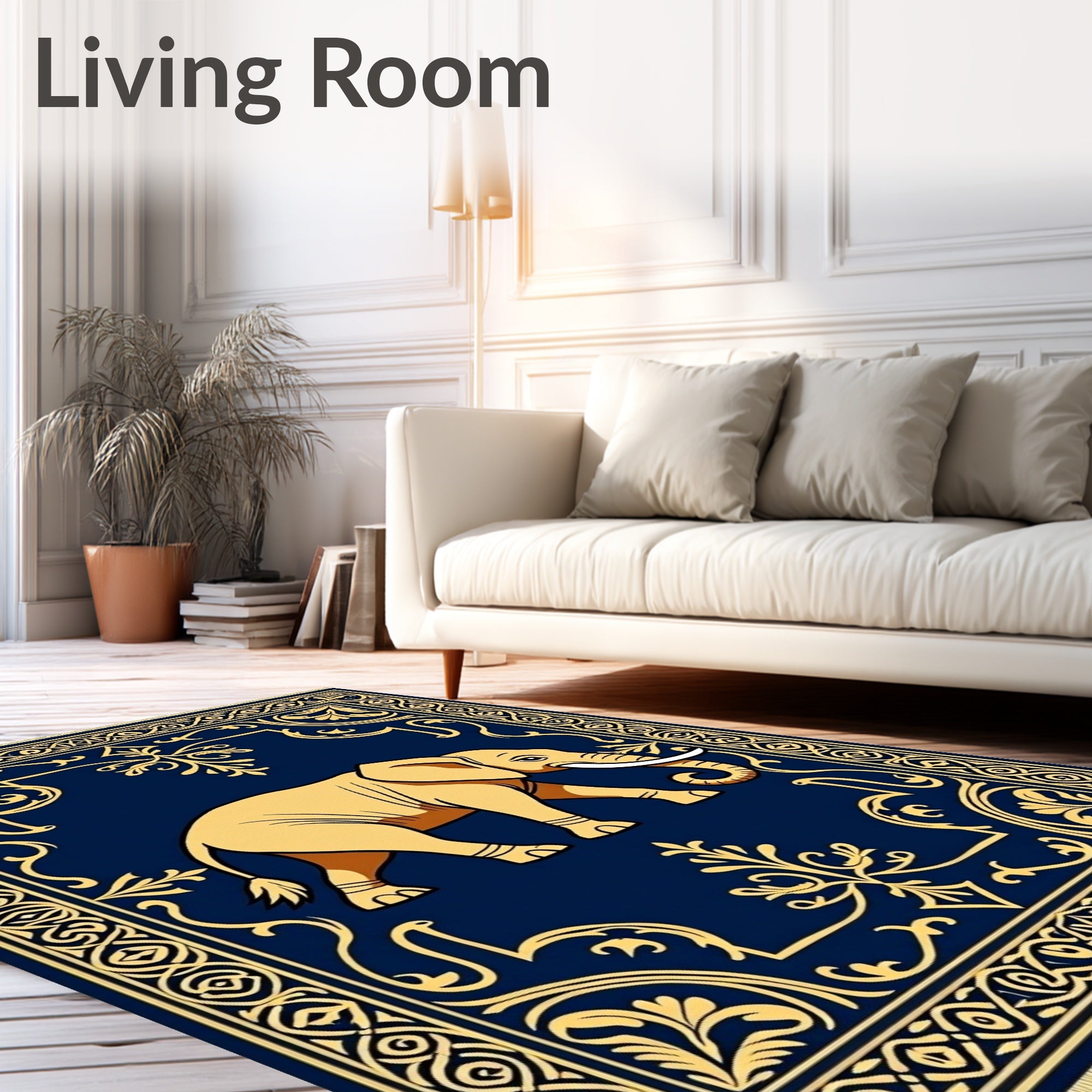 Golden Elephant Navy Blue Border Rug