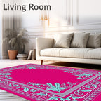 Bright Pink Teal Floral Frame Rug