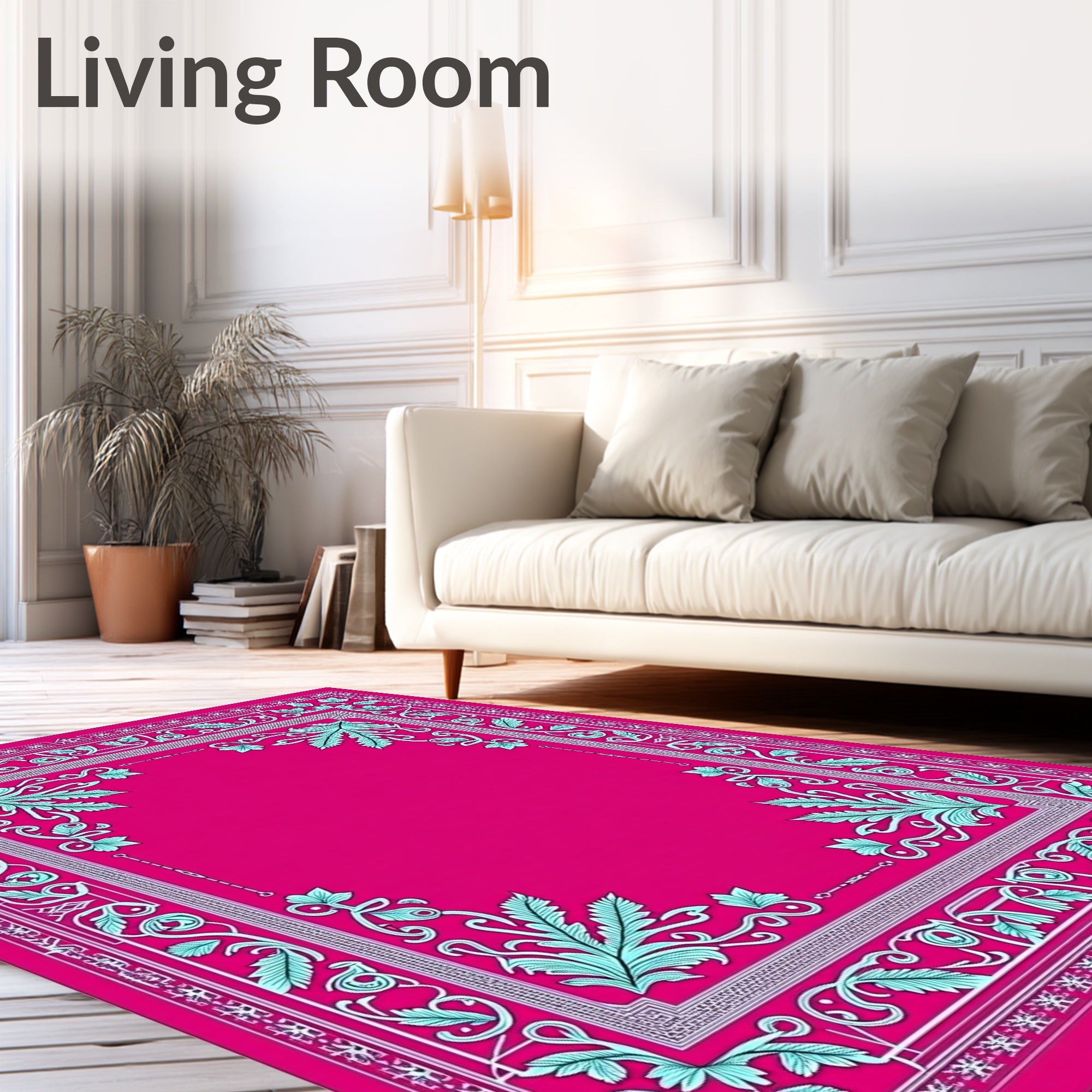 Bright Pink Teal Floral Frame Rug