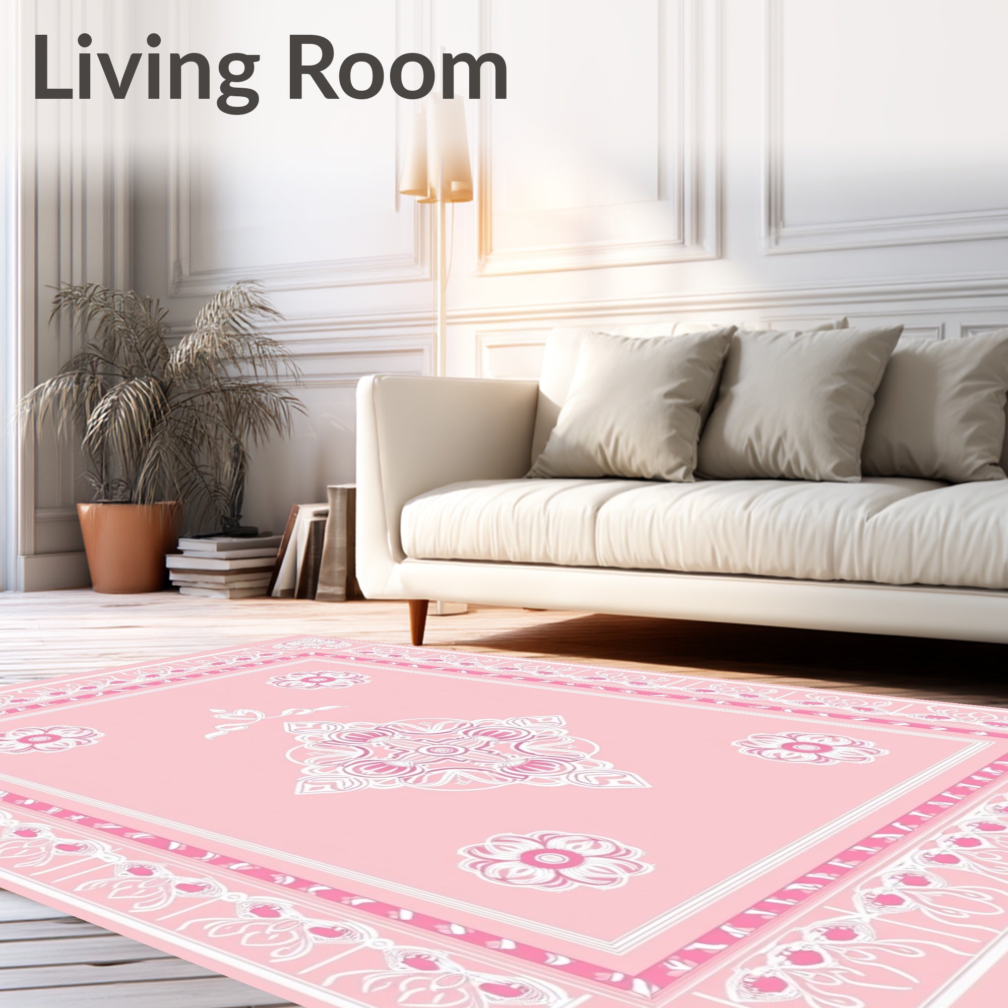 Sweet Pink Floral Medallion Border Rug