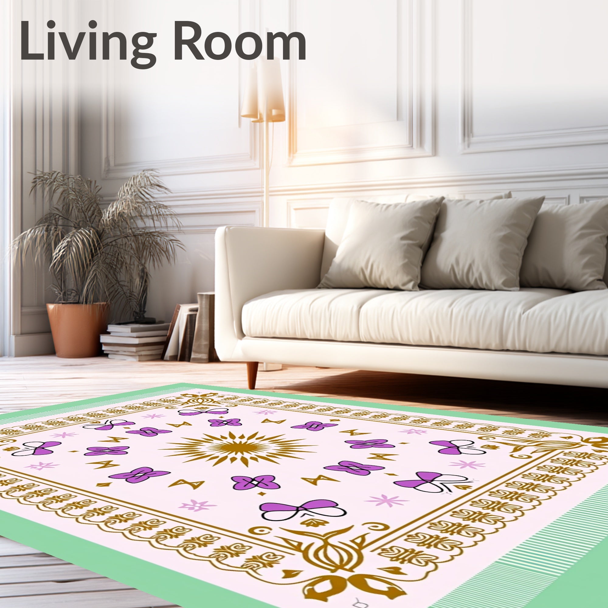 Golden Sun Purple Butterfly Floral Border Rug