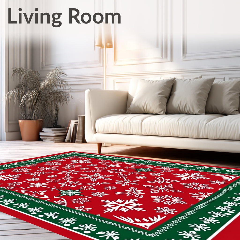 Red White Green Snowflake Border Rug