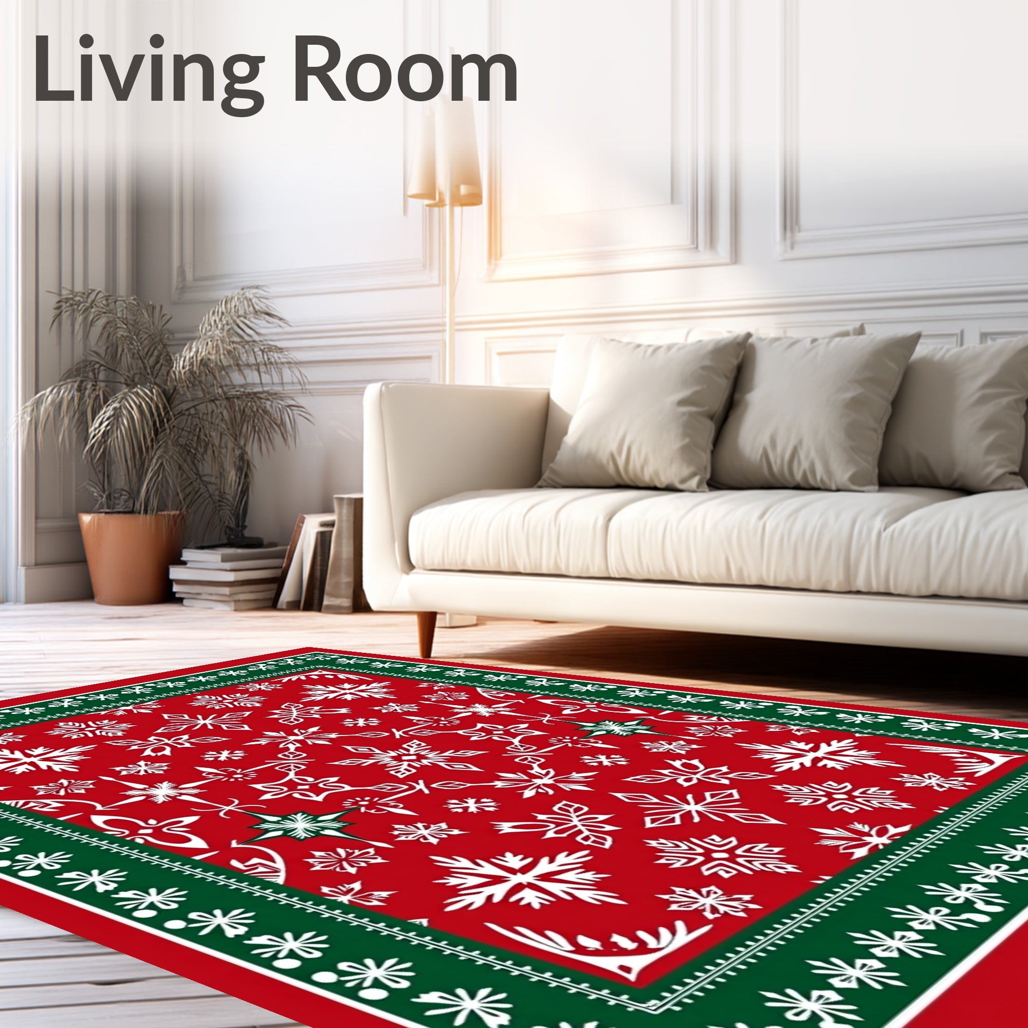 Red White Green Snowflake Border Rug