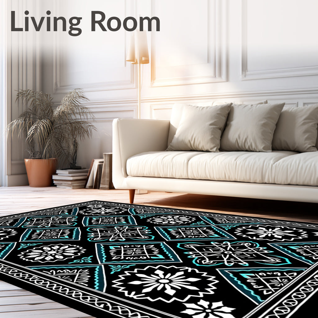 Black Turquoise Floral Medallion Diamond Rug
