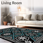 Black Turquoise Floral Medallion Diamond Rug