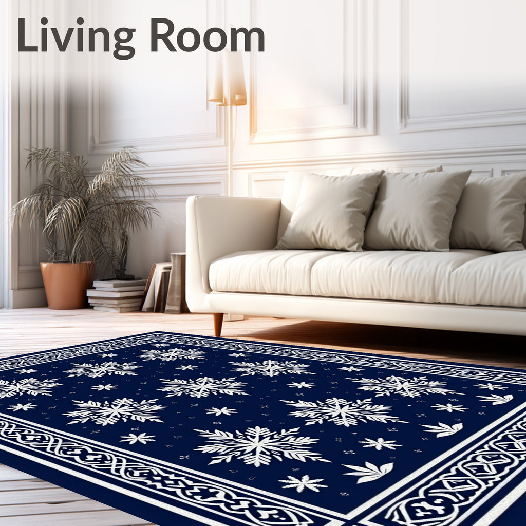 Winter Snowflake Bordered Navy Rug