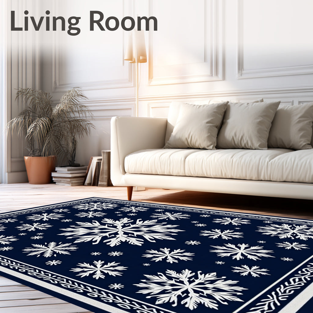 Navy White Snowflake Scatter Round Rug