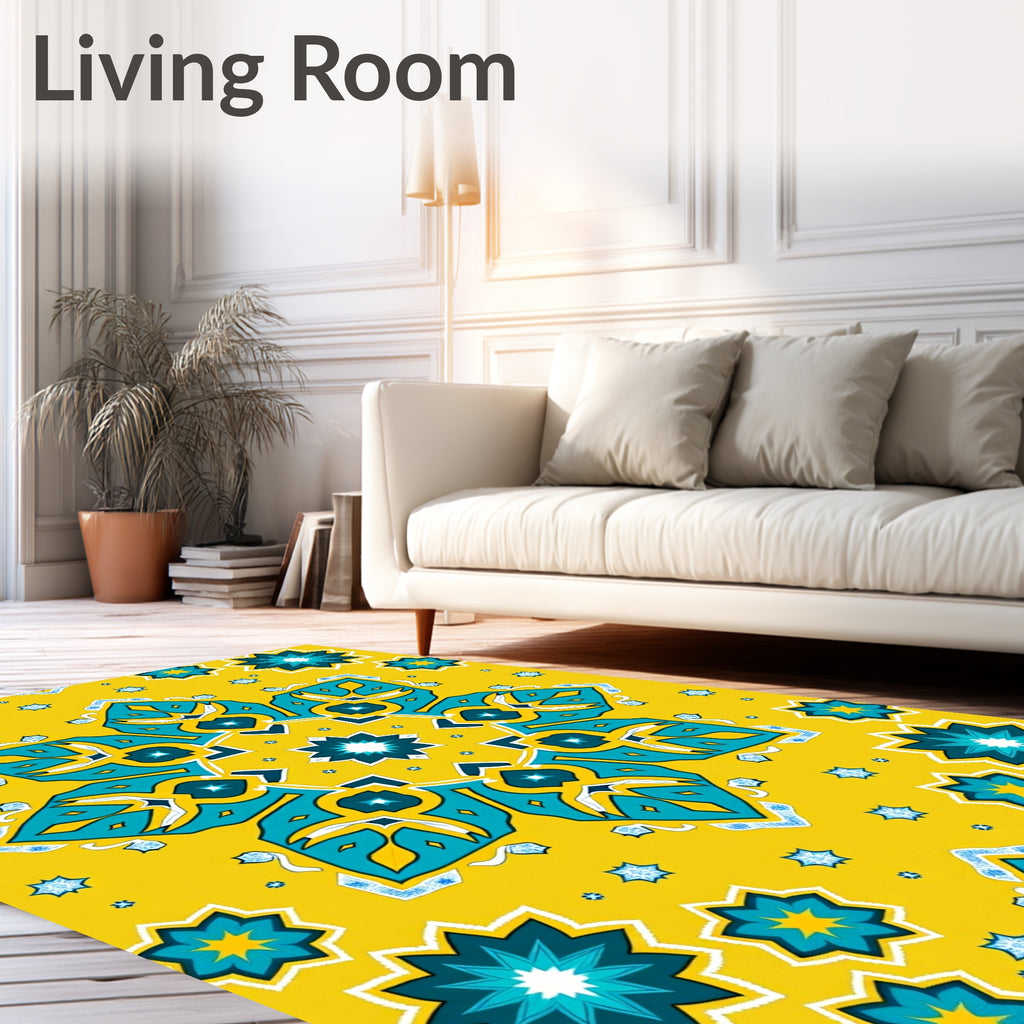 Bright Yellow Teal Starburst Mandala Rug