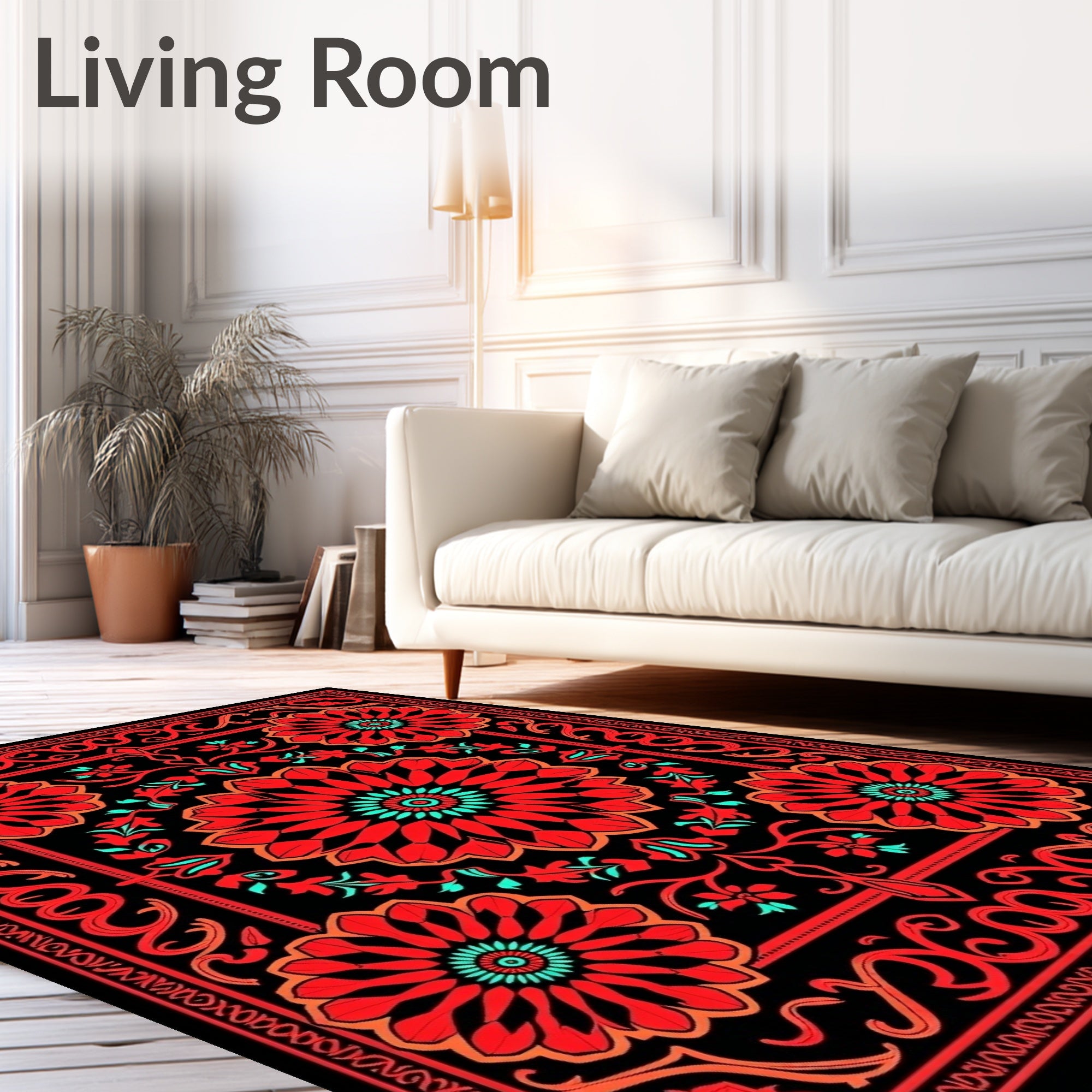 Vibrant Red Floral Medallions Black Rug