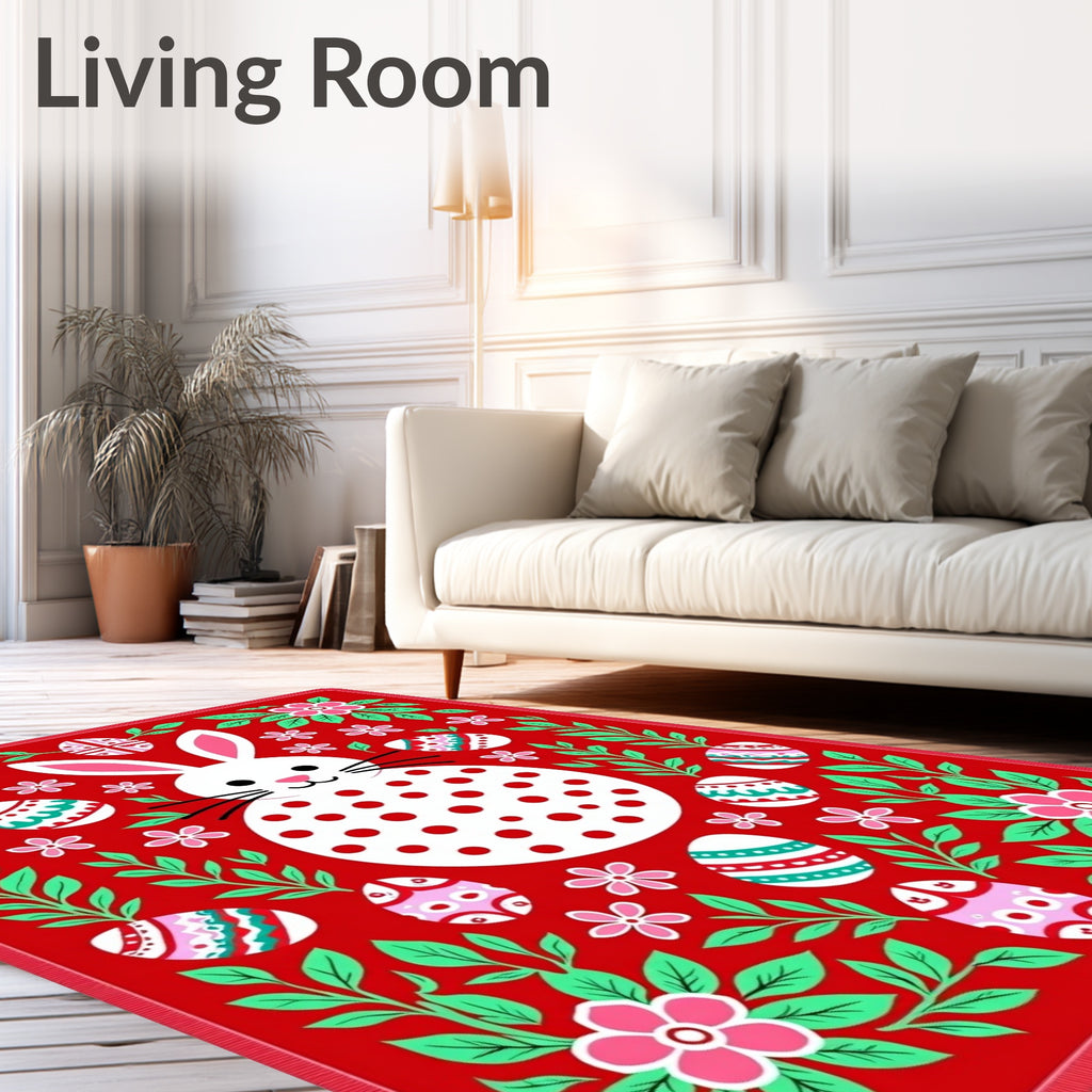Red Easter Bunny Floral Egg Garland Rug