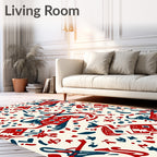 Bold Red Blue Whimsical Folk Art Rug