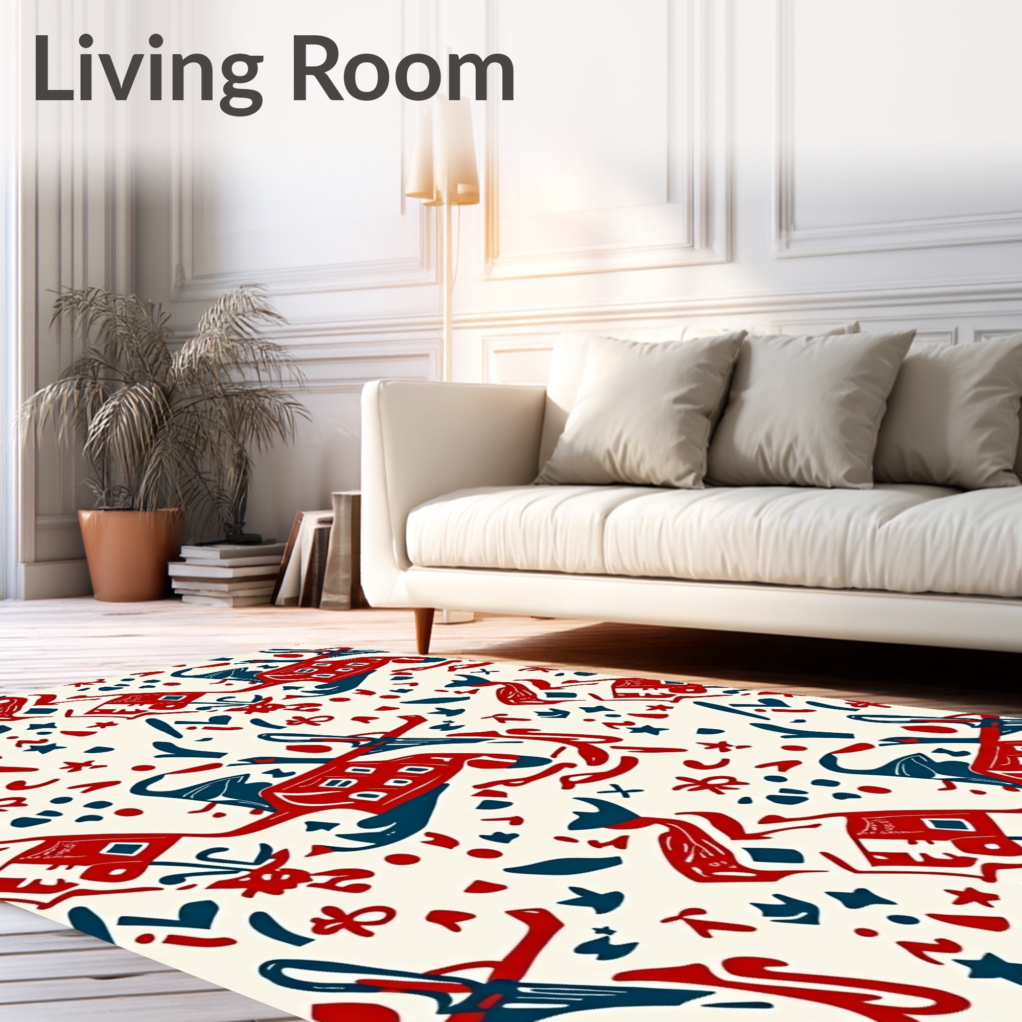 Bold Red Blue Whimsical Folk Art Rug