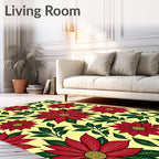 Red Floral Blossom Leafy Yellow Rug
