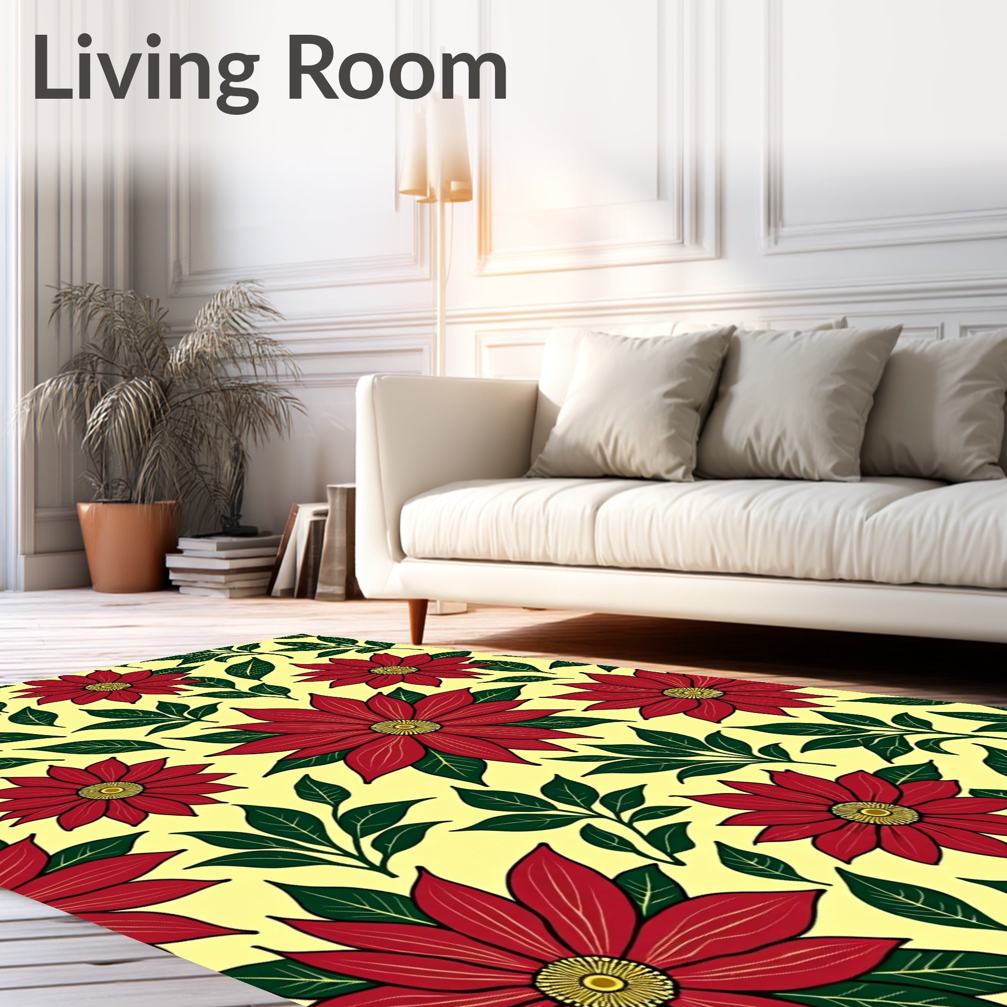 Red Floral Blossom Leafy Yellow Rug