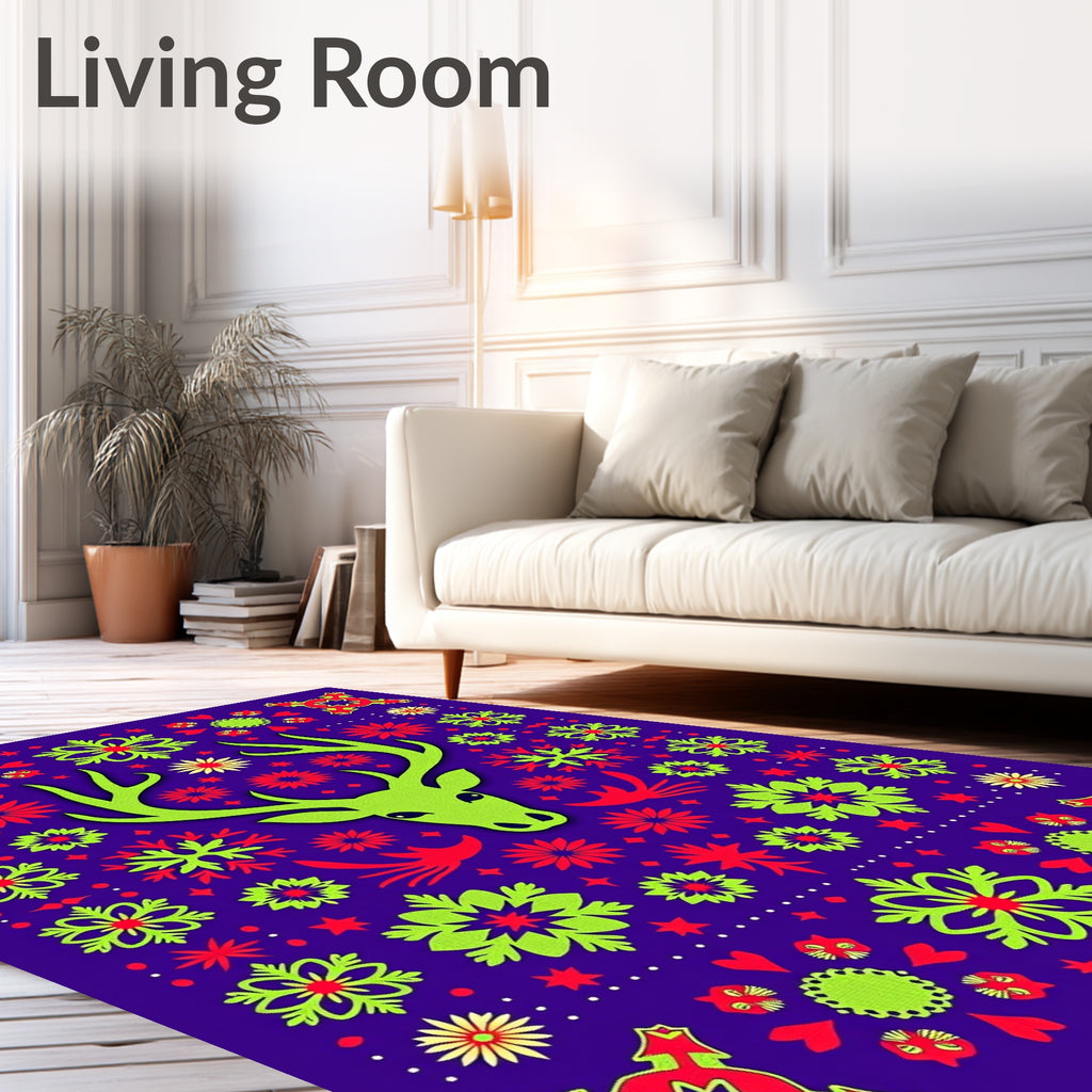 Vibrant Green Deer Folklore Blooms Rug