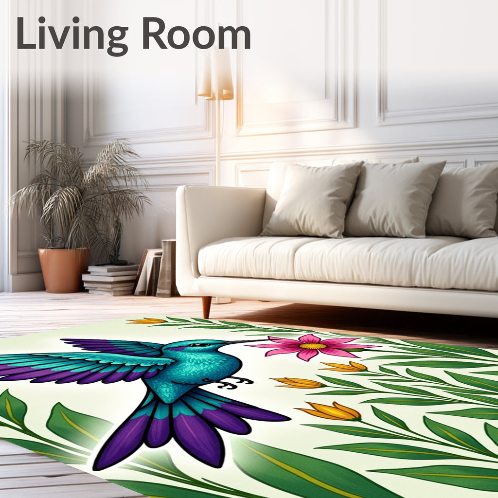Vibrant Hummingbird with Floral Garden Rug