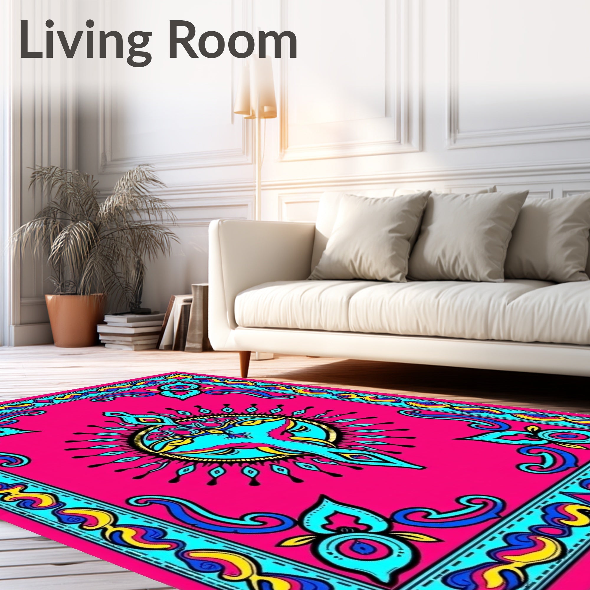 Vibrant Pink Bird Sunburst Frame Rug