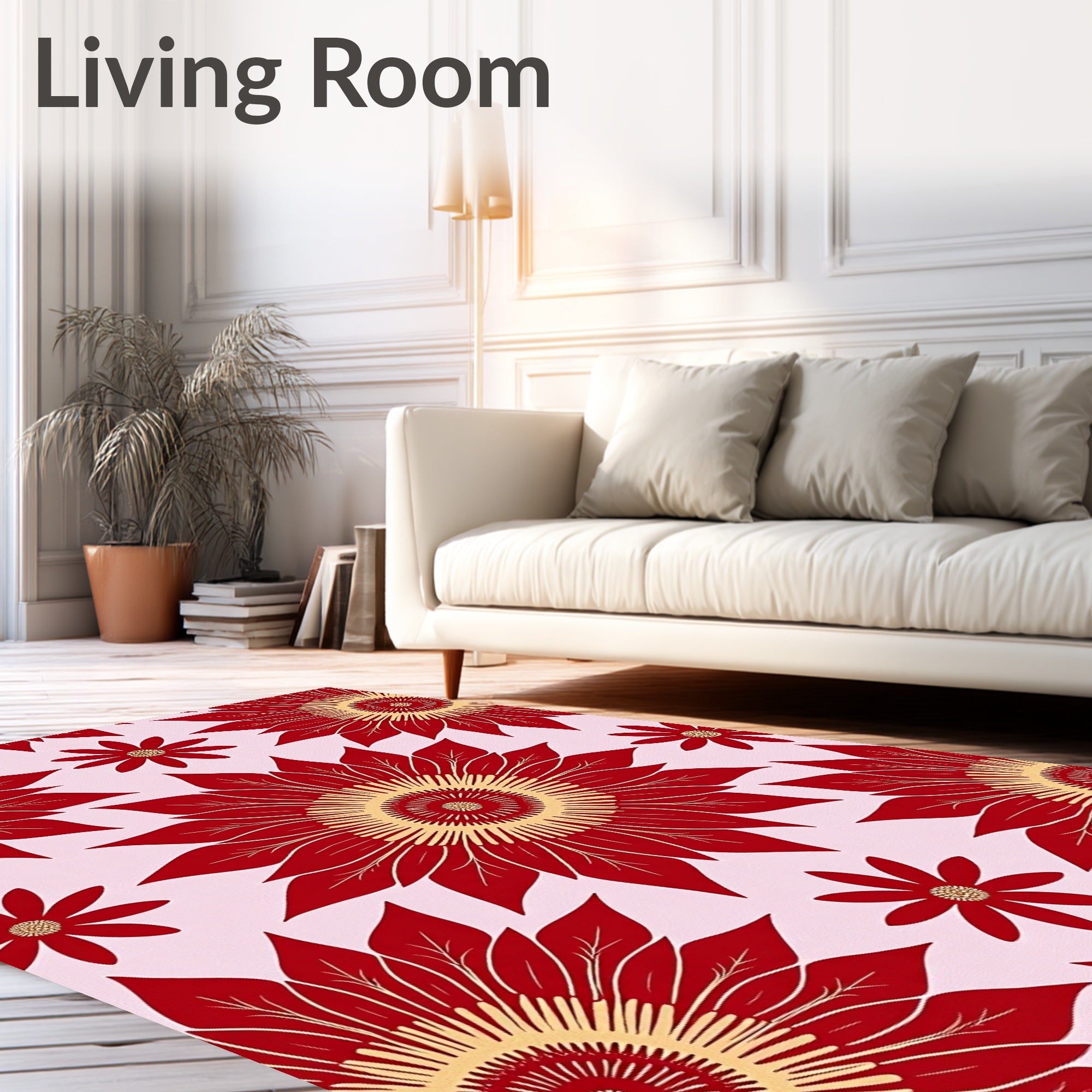 Vibrant Red Golden Sunburst Floral Rug