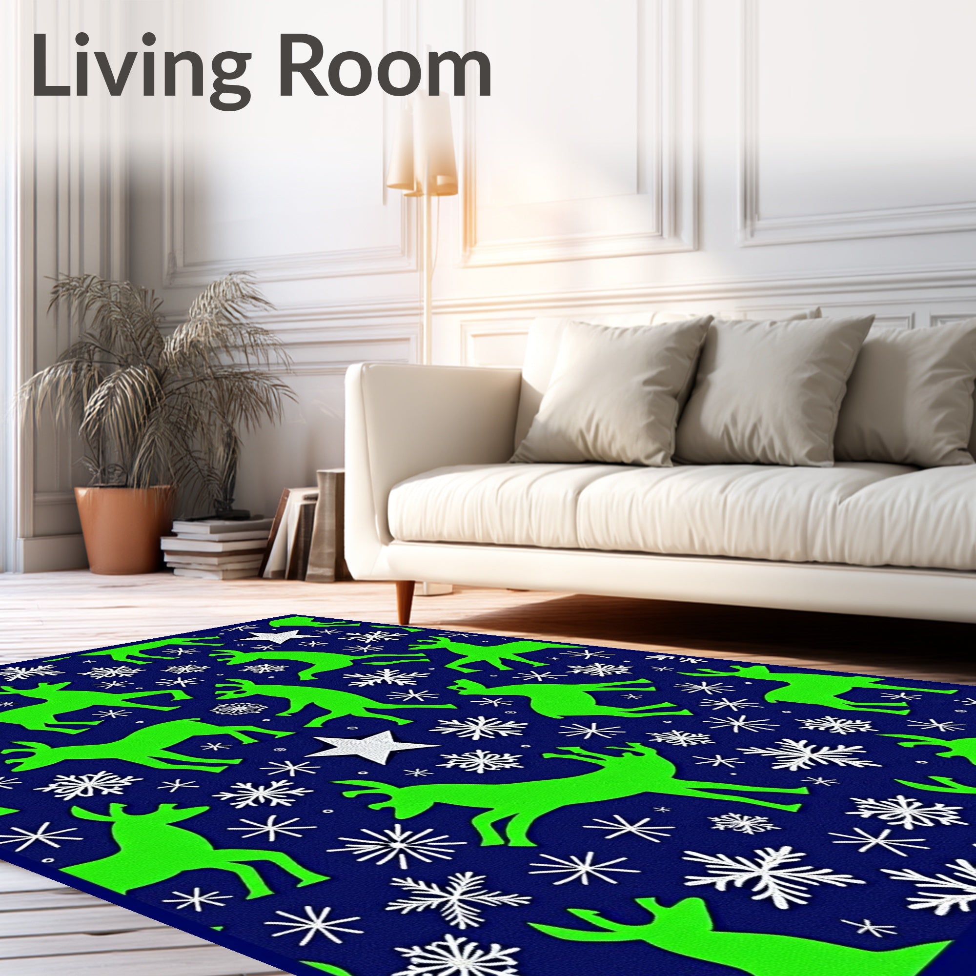Vibrant Neon Green Reindeer Snowflakes Rug