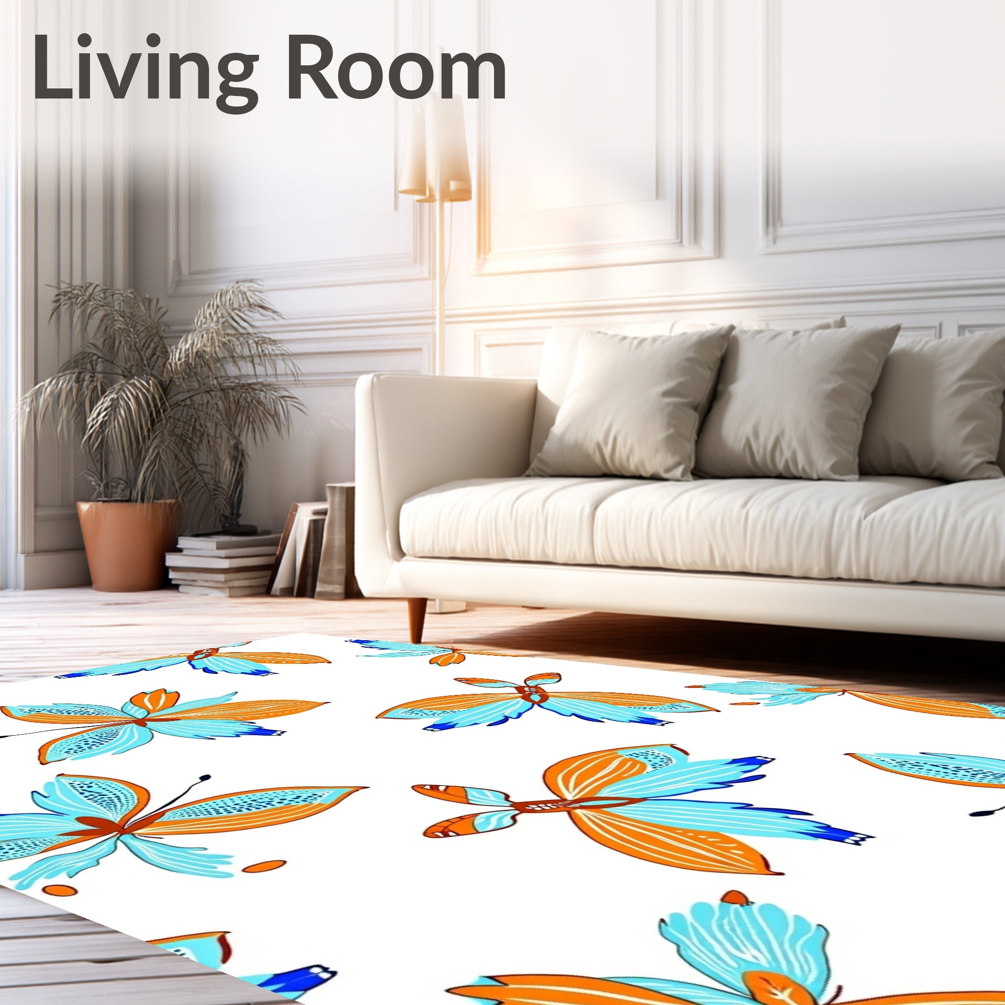 Vibrant Orange Blue Butterfly Garden Rug