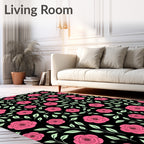 Vibrant Pink Roses Black Garden Rug