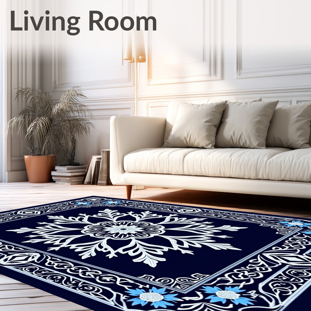 Navy White Blue Floral Intricate Rug