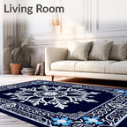 Navy White Blue Floral Intricate Rug