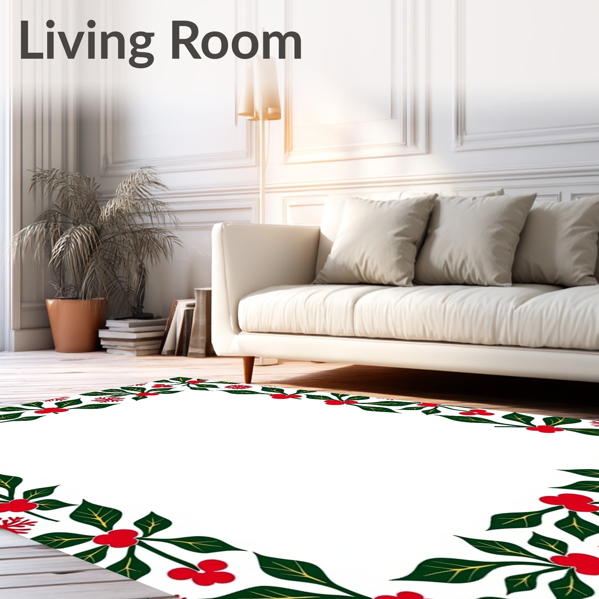 Red Berry Green Leaf Snowflake Border Rug