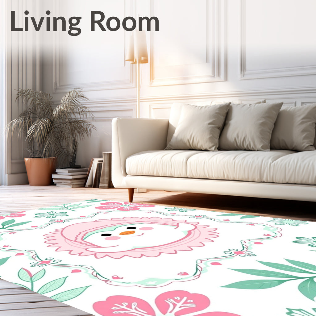 Pink Mint Penguin Floral Frame Rug