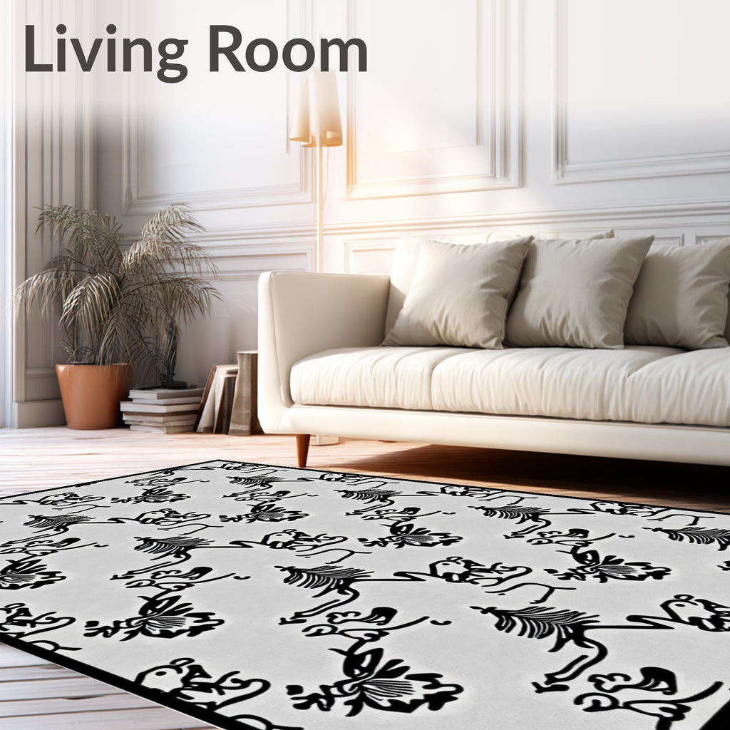Whimsical Black And White Animal Forest Rug