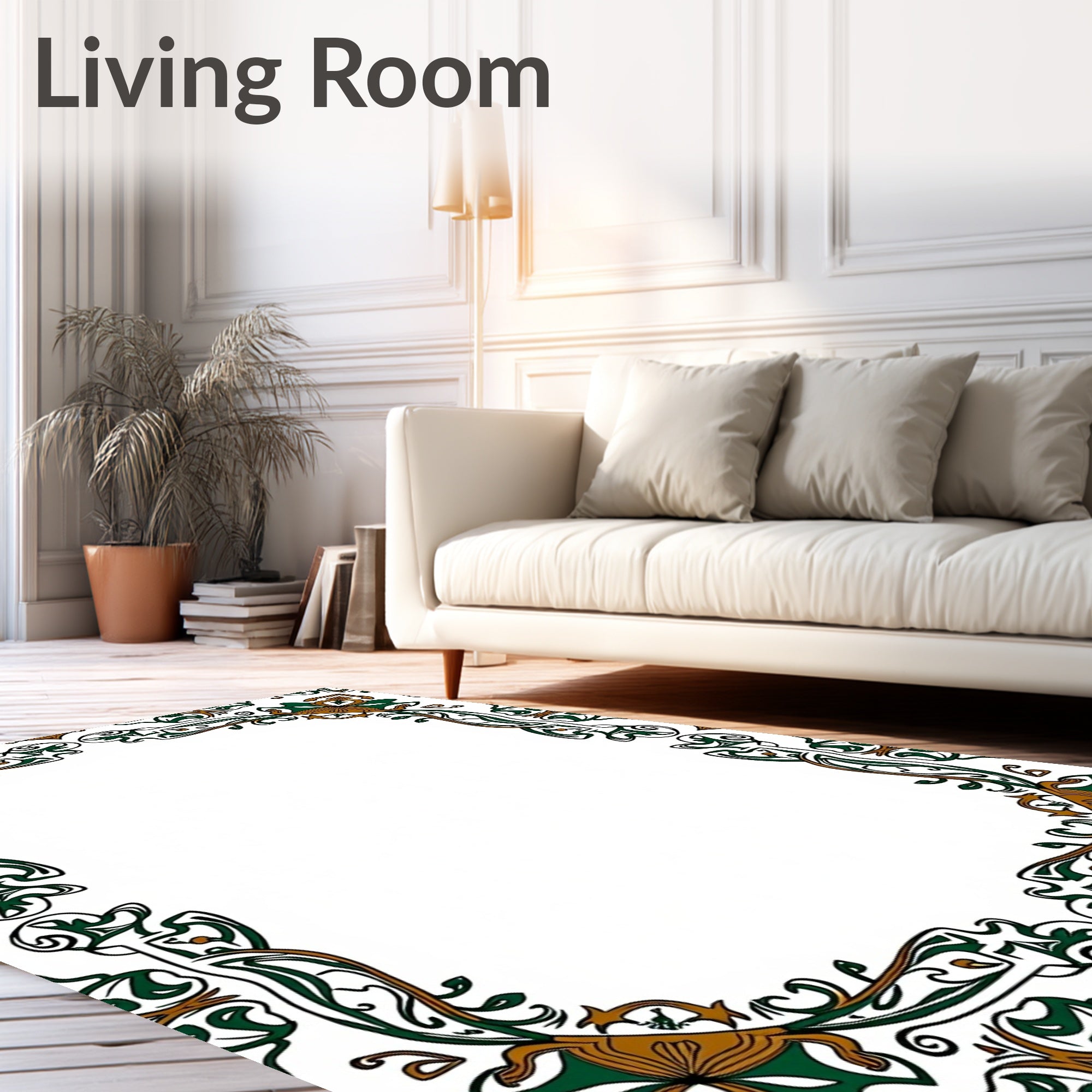 Ornate Green Brown Floral Border Rug
