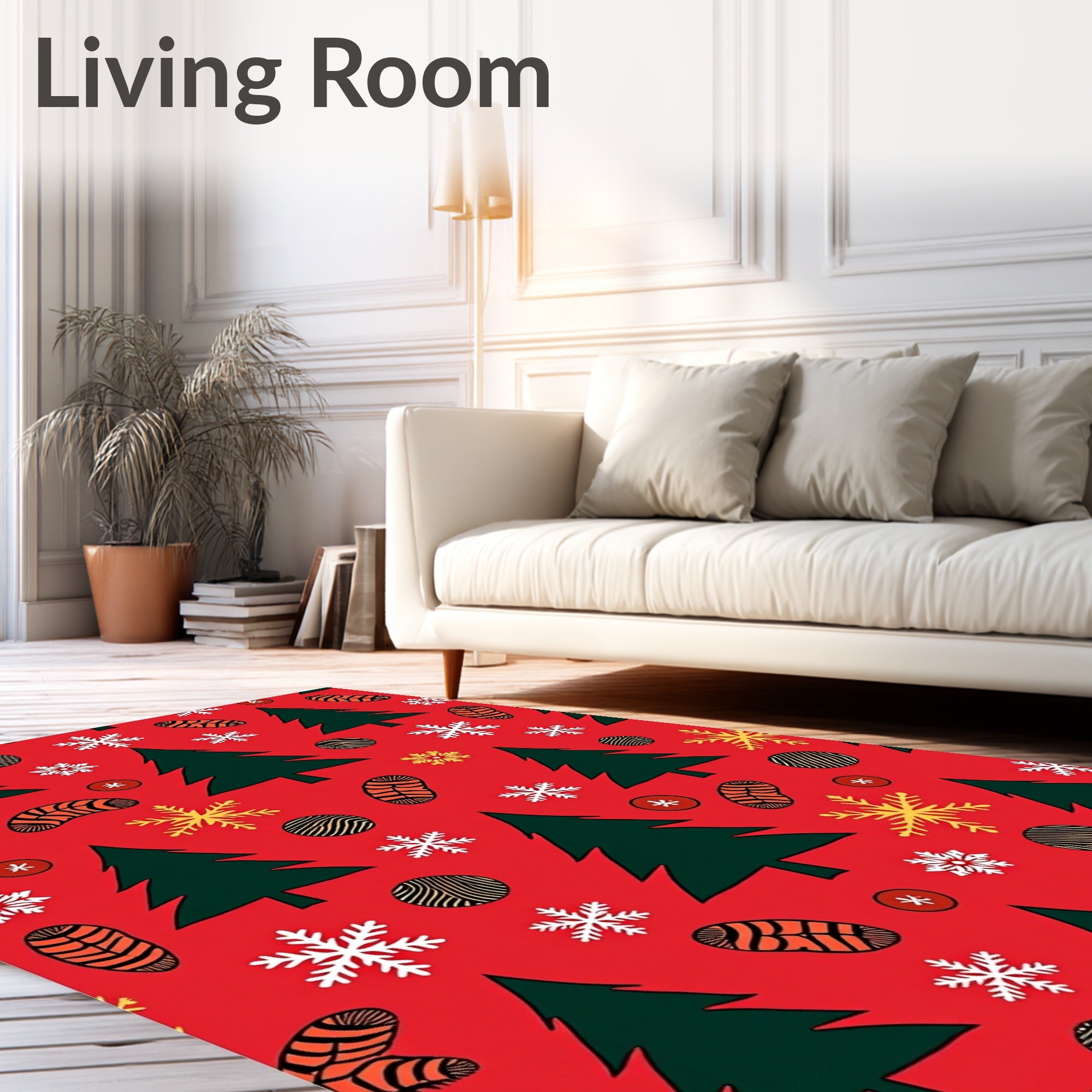 Festive Red Evergreen Snowflakes Accents Rug