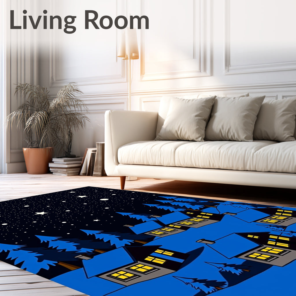Midnight Blue Starry Village Houses Rug
