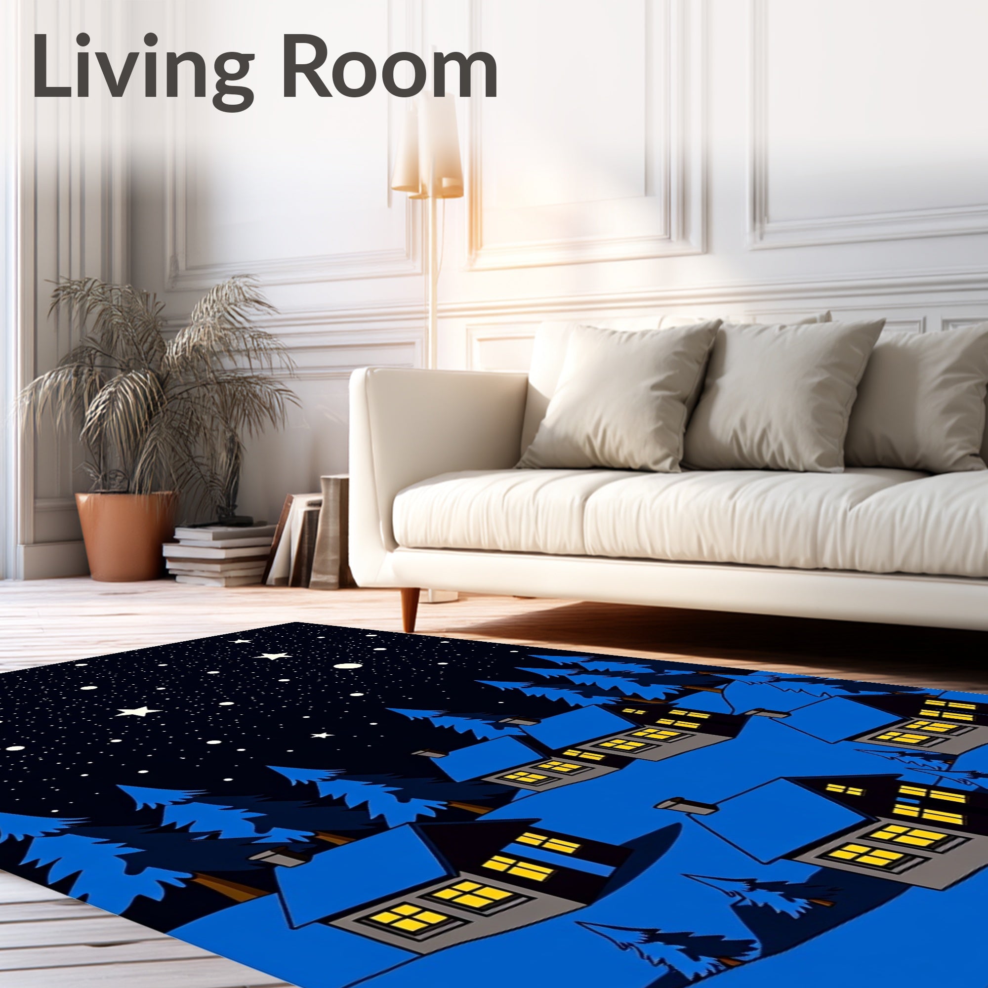 Midnight Blue Starry Village Houses Rug