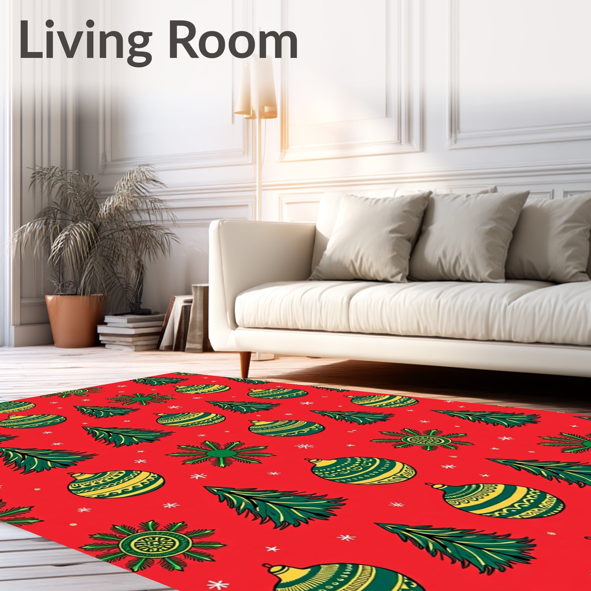 Festive Red Green Ornaments Trees Rug