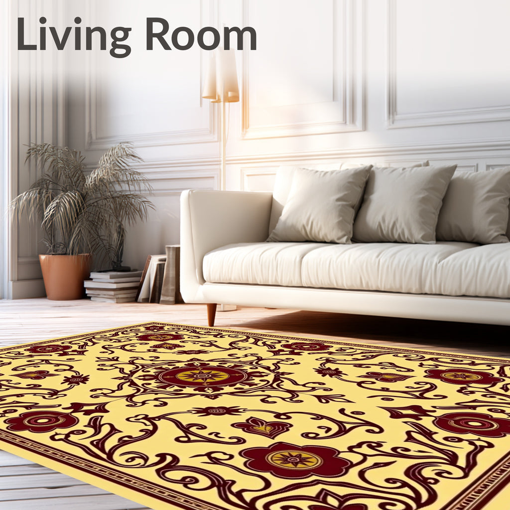Golden Yellow Burgundy Floral Medallion Rug