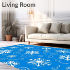 White Snowflake Swirl Blue Background Rug