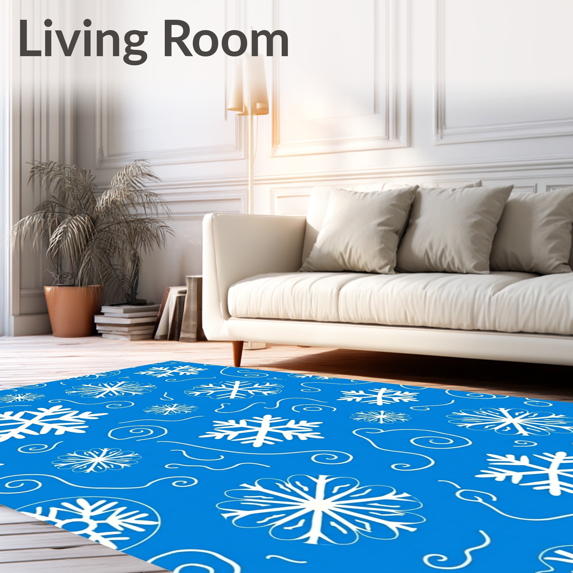 White Snowflake Swirl Blue Background Rug