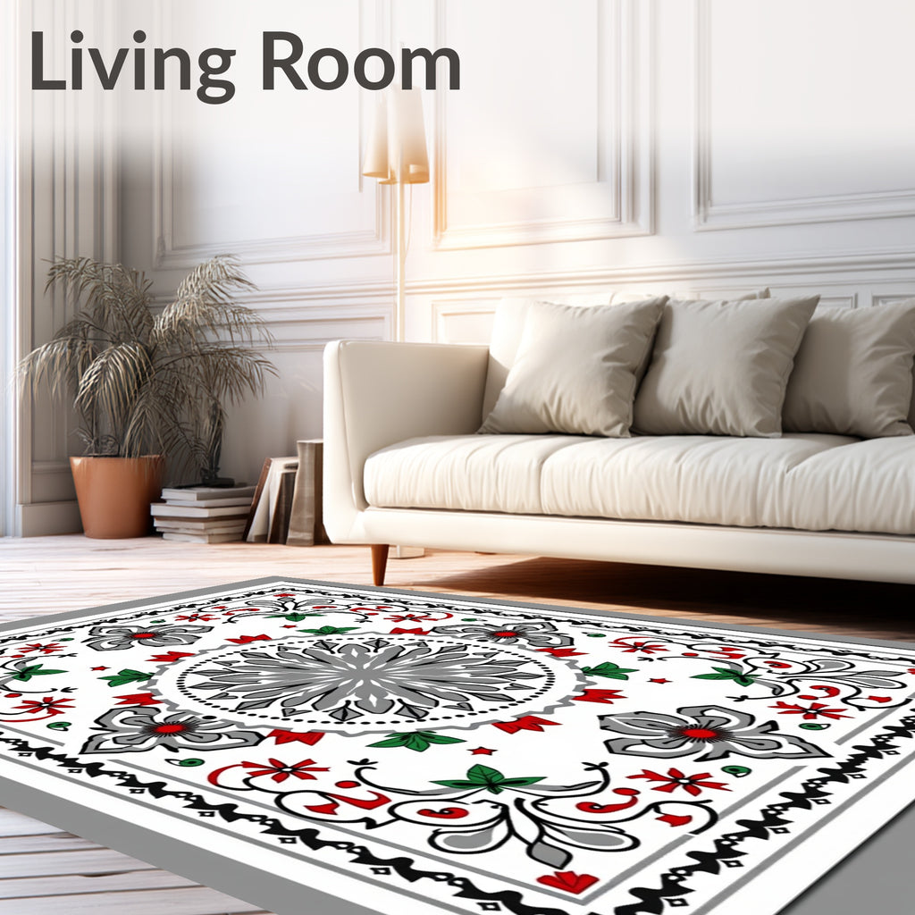 Gray Red Floral Medallion Border Rug